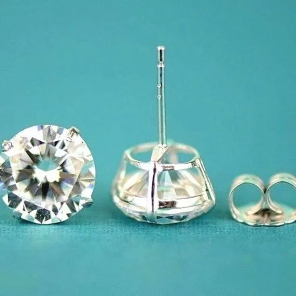 Solid 14k White Gold Heavy Basket Set Earrings w/AAA Quality White Stone Sz 9mm